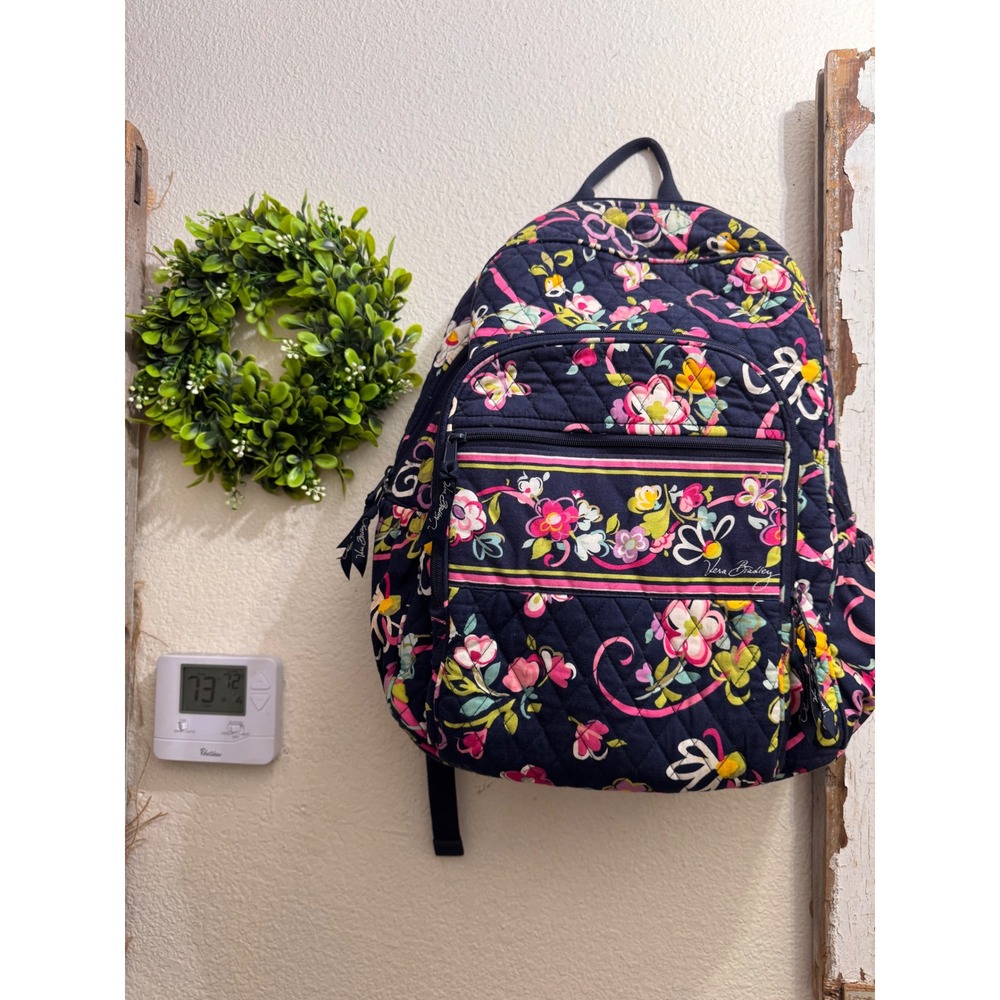 Vera Bradley Quilted Floral Backpack Navy Pink Multi Pocket Travel School Bag